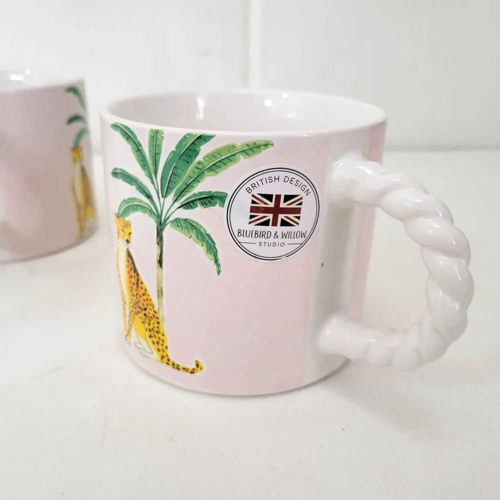 Set Of 2 Bluebird & Willow British Design Ceramic Mugs With Leopard & Palm Tree - Picture 4 of 9